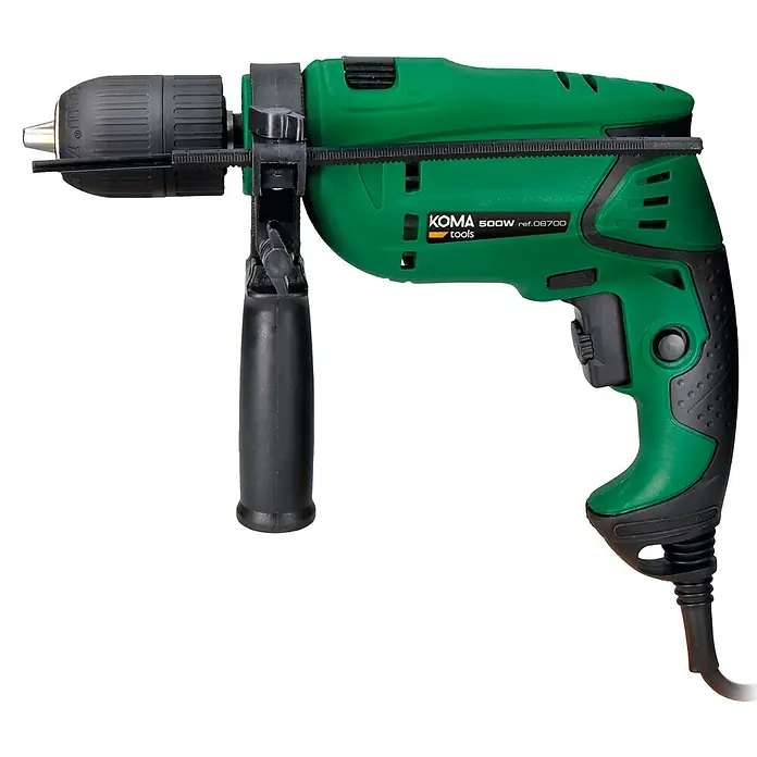 Koma Tools Taladro percutor 08700 - 500 W, 2.600 r.p.m. - Taladro verde KOMA 500W con mango auxiliar negro, ideal para proyectos de bricolaje y profesionales.