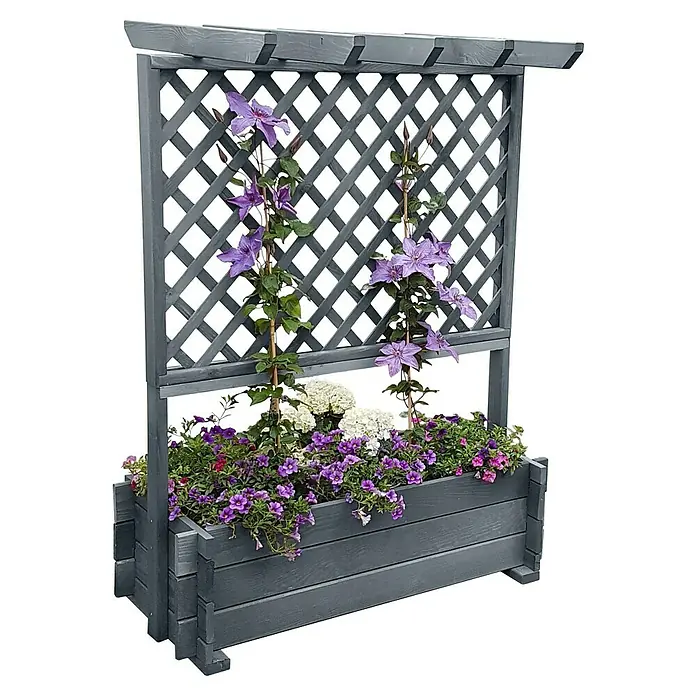Promadino Pflanzkasten mit Pergola - Außenmaß (L x B x H): 139 x 65 x 112 cm, Holz, Grau - Holzpflanzkasten mit Spalier und üppiger Blumenbepflanzung, ideal für Garten, Terrasse oder Balkon. Der Pflanzkasten ist grau und bietet viel Platz für Blumen.