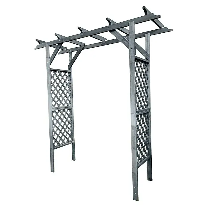 Promadino Pergola Bamberg - 51 x 200 x 208 cm, Grau, Holz - Ein grauer Holzbogen mit Spalierstruktur und dekorativer Oberseite. Ideal für Gärten und Höfe, um Pflanzen zu unterstützen.