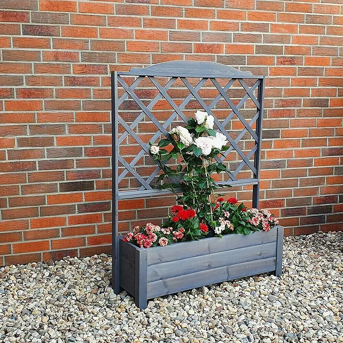 Promadino Pflanzkasten Botanica - Außenmaß (L x B x H): 140 x 32 x 110 cm, Holz, Grau - Ein grauer Pflanzkasten mit Rankgitter vor einer Backsteinmauer, bepflanzt mit weißen Rosen und roten sowie rosa Blumen.