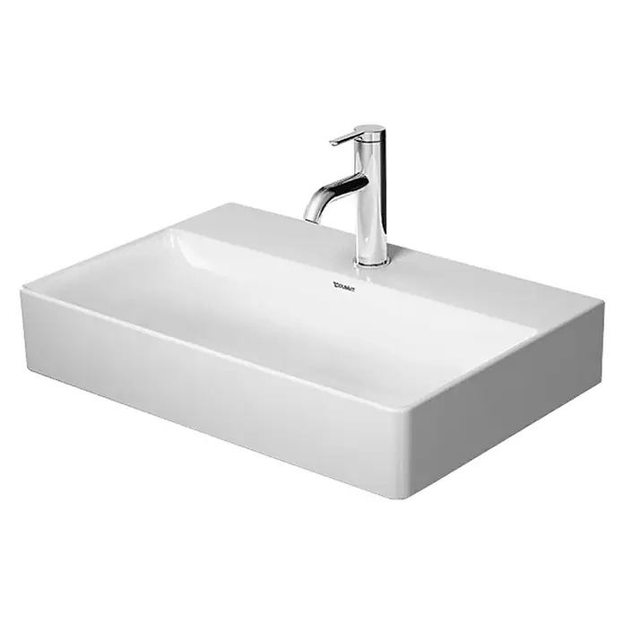 Duravit DuraSquare Waschtisch Compact - 60 x 40 cm, Ohne Spezialglasur, Hahnloch: Mitte, Ohne Überlauf, Weiß, Geschliffen - Ein elegantes, rechteckiges Waschbecken mit einer modernen Armatur, ideal für jedes Badezimmerdesign. Die klaren Linien betonen die moderne Ästhetik.