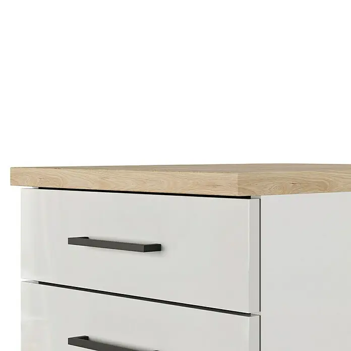Flex-Well Lund Küchen-Unterschrank Schubkasten - B x T x H: 50 x 60 x 85 cm, Lichtgrau - Nahaufnahme eines weißen Schranks mit Schubladen und einer hellen Holzplatte, der moderne Stauraum bietet.