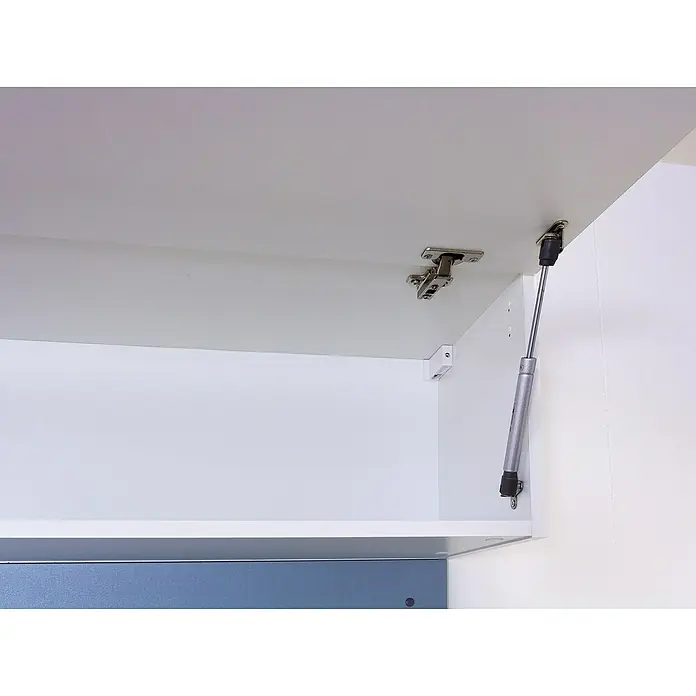 Flex-Well Lucca Küchen-Hängeschrank - B x T x H: 100 x 32 x 32 cm, Weiß - Innenansicht eines weißen Schranks mit einem silbernen Scharnier und einem Gasdruckdämpfer zur sanften Türöffnung.