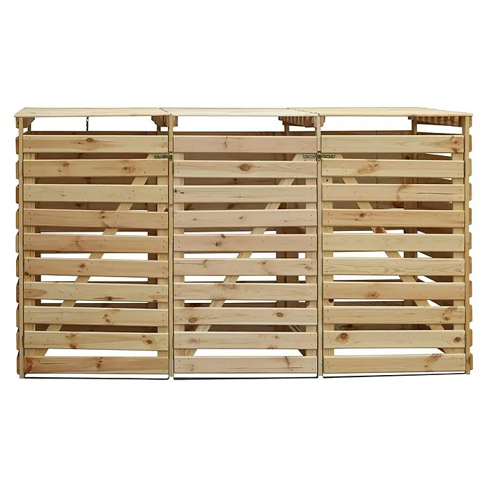Promadino Mülltonnenbox Vario V -  - Das Bild zeigt einen dreiteiligen, hölzernen Mülltonnenbox, der eine stilvolle und praktische Lösung für die Aufbewahrung von Mülltonnen bietet.