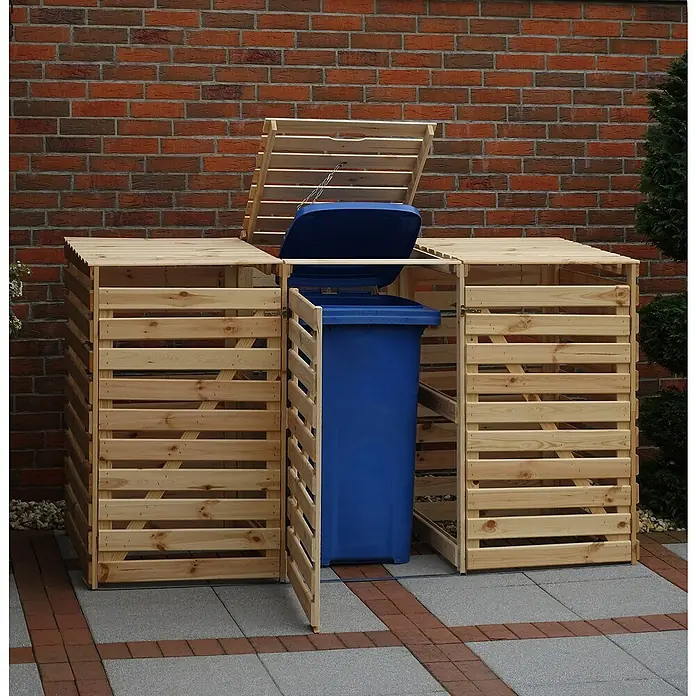 Promadino Mülltonnenbox Vario V -  - Diese Aufnahme zeigt eine blaue Mülltonne, die sich in einer hölzernen Mülltonnenbox im Freien befindet.