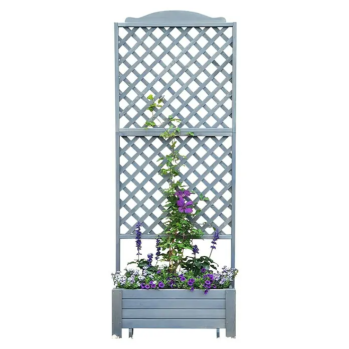 Promadino Pflanzkasten Romantica - Außenmaß (L x B x H): 210 x 38 x 80 cm, Holz, Grau - Blumenkasten mit Rankgitter aus grauem Holz, geschmückt mit lila Clematis und anderen bunten Blumen für den Garten.