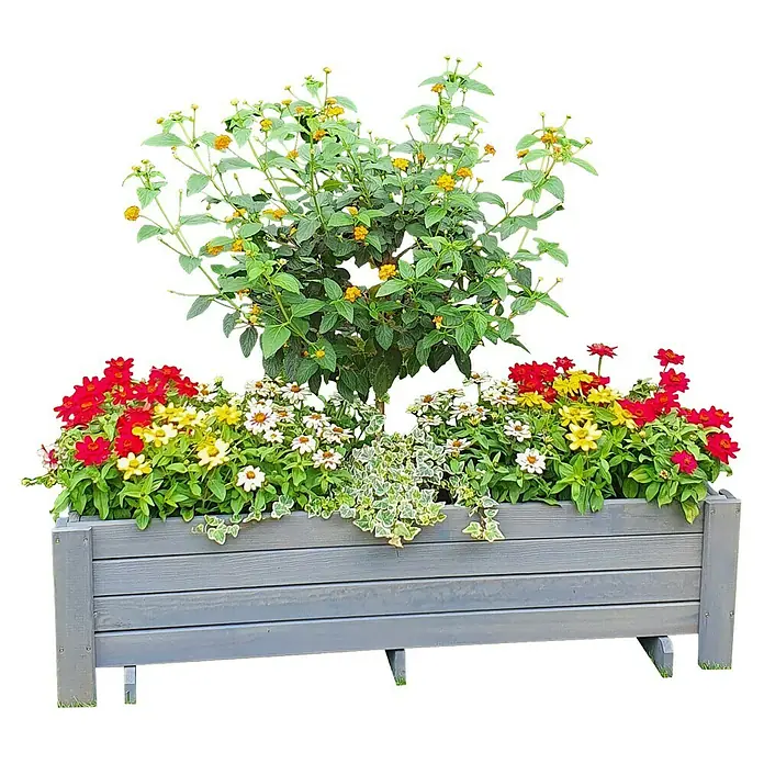 Promadino Pflanzkasten Romantica - Außenmaß (L x B x H): 34 x 38 x 78 cm, Holz, Grau - Blumenkasten aus grauem Holz mit roten, gelben und weißen Zinnien sowie einer gelben Lantana-Pflanze im Hintergrund.