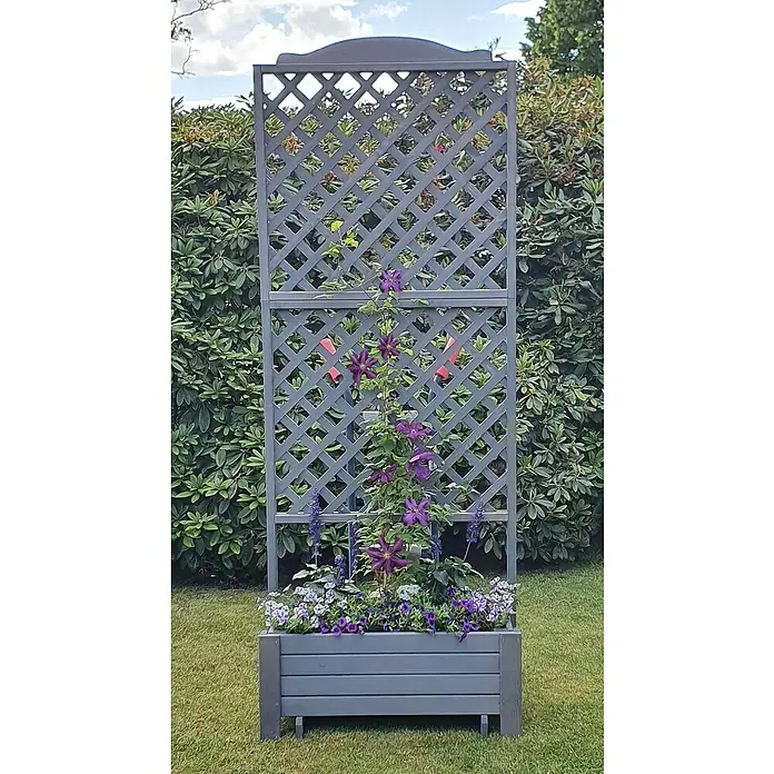 Promadino Pflanzkasten Romantica - Außenmaß (L x B x H): 210 x 38 x 80 cm, Holz, Grau - Dieser bepflanzte Pflanzer mit Rankgitter ist die perfekte Ergänzung für jeden Garten. Die graue Farbe und das Diamantgitter verleihen ihm einen modernen Touch.