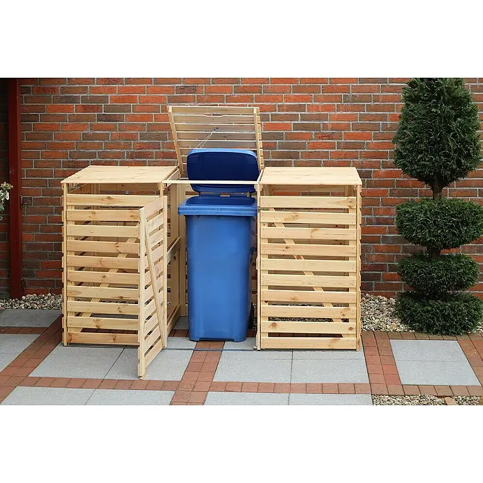 Promadino Mülltonnenbox Vario V -  - Ein hölzerner Mülltonnenunterstand mit einer blauen Mülltonne davor, der sich perfekt in jeden Garten einfügt und für Ordnung sorgt.