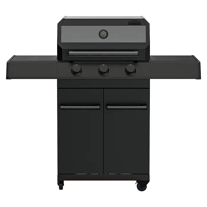 Kingstone KMS Gasgrill Cliff 3000 Beast Black Edition - Grillfläche (B x T): 61 x 45 cm, 10,5 kW, Anzahl Brenner: 3 Stk. - Schwarzer Grill mit drei Brennern und zwei Schranktüren für den Außenbereich, ideal für Grillabende.