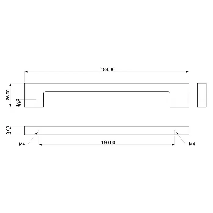 Rei Möbelgriff - L x B x H: 189 x 27 x 9 mm, Aluminium, Verchromt - Technische Zeichnung eines Möbelgriffs mit den Maßen 188 mm Länge, 26 mm Höhe und 9 mm Dicke, Befestigung mit M4 Schrauben.