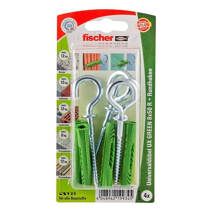 Fischer Greenline Universaldübel-Set UX 8 x 50 R RH GREEN KØ x L: 8 x 50 mm, Rundhaken, Nylon, 4 Stk. Front View