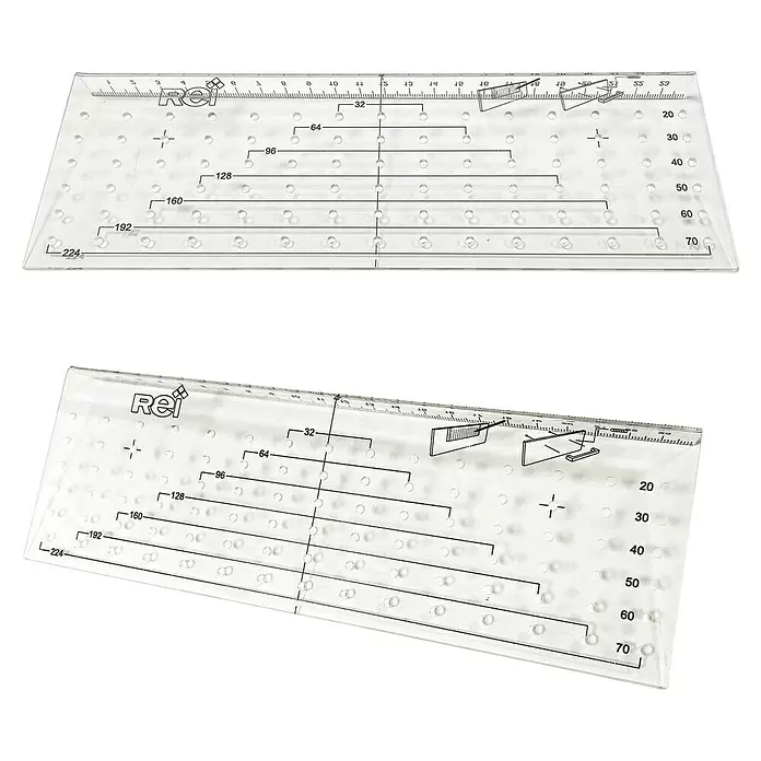 Rei Bohrschablone - L x B x H: 240 x 83 x 18 mm, Transparent - Klare Kunststoff-Zeichenschablone mit nummerierten Skalen und Kreislöchern für technisches Zeichnen.