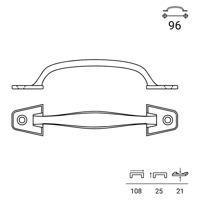 Rei Möbelgriff - Lochabstand: 96 mm, Sonstige, Schwarz, L x B x H: 108 x 21 x 25 mm - Technische Zeichnung eines Griffes mit Vorder- und Draufsicht sowie Maßen, inklusive 96mm Lochabstand.