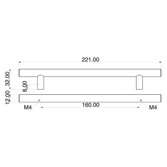 Rei Tirador para muebles - Distancia entre orificios: 160 mm, Acero, Acero inoxidable, Redonda, L x An x Al: 220 x 12 x 32 mm - Dibujo técnico de un tirador moderno: 221 mm de largo total, 160 mm entre agujeros, fijación M4, 32 mm de proyección.