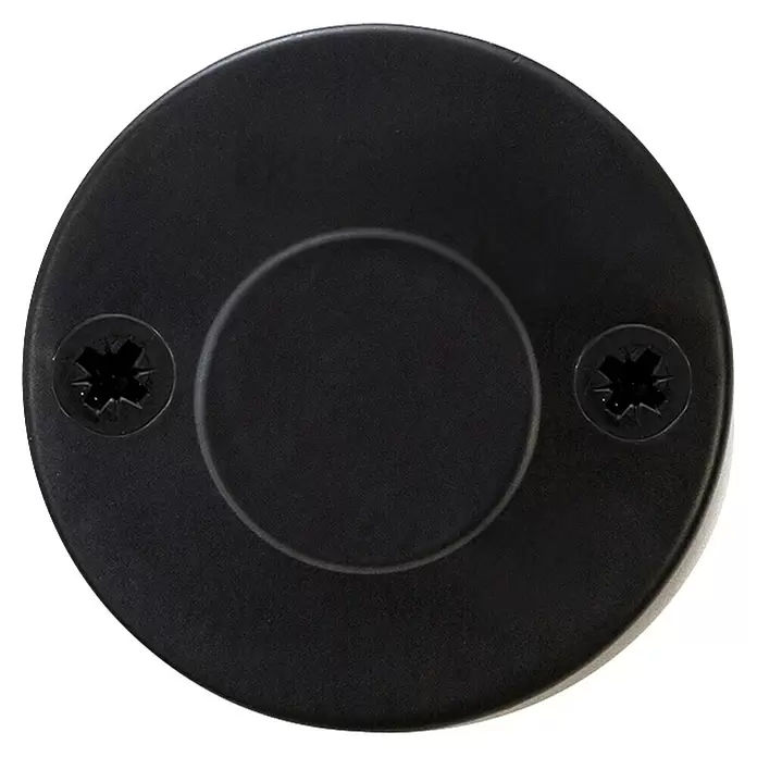 Rei Garderobenhaken C8714 - L x B x H: 40 x 52 x 52 mm, Stahl, Schwarz - Runde, mattschwarze Türplatte mit zwei sichtbaren Torx-Schrauben und einer zentralen runden Vertiefung.