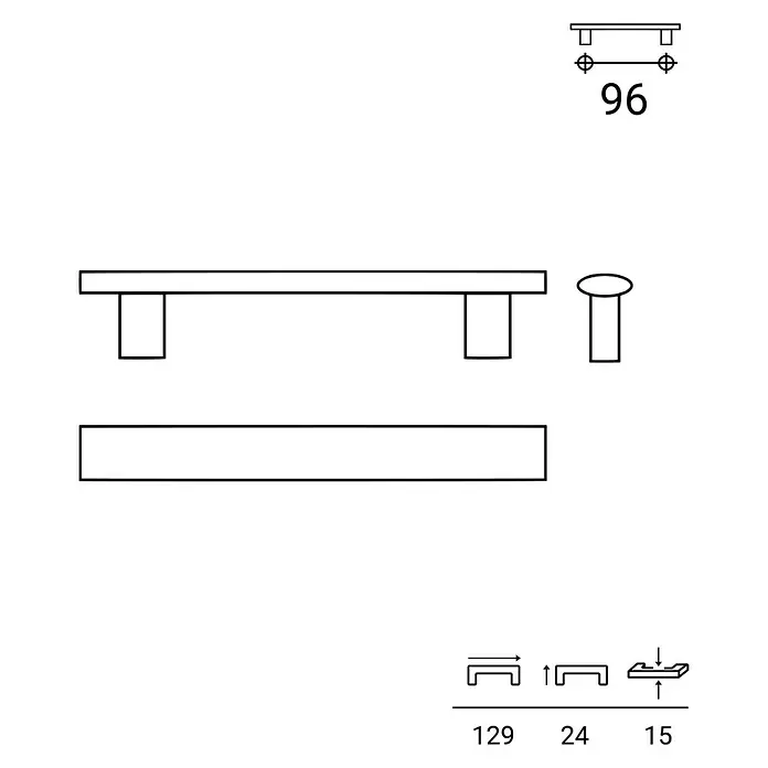 Rei Möbelgriff - Lochabstand: 96 mm, Sonstige, Schwarz, L x B x H: 129 x 15 x 24 mm - Technische Zeichnung eines Griffs mit Maßen: 96mm Lochabstand, 129mm Länge, 24mm Höhe, 15mm Breite.