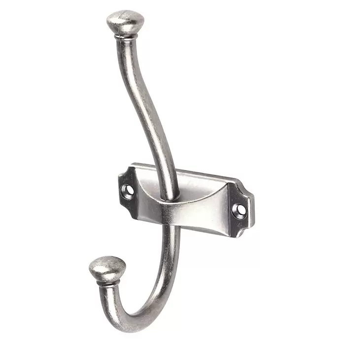 Rei Garderobenhaken C520 - L x B x H: 71 x 66 x 130 mm, Metall, Silber - Gebürsteter Metall-Doppelhaken mit geschwungenen Armen und rechteckiger Montageplatte.