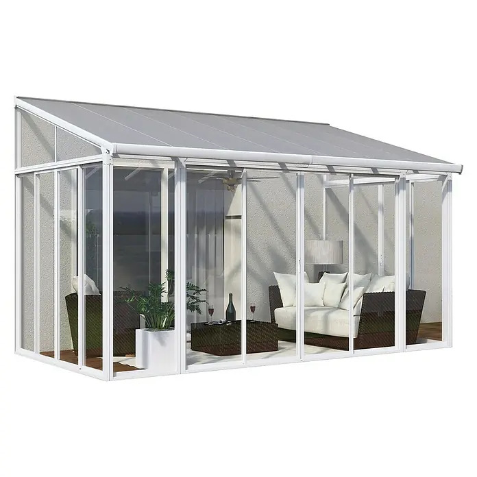 Palram – Canopia Porche acristalado San Remo - An x Pr x Al: 4,25 x 3 x 3,1 m, Blanco tráfico - Un invernadero independiente moderno con marco blanco, que ofrece una extensión elegante y llena de luz al espacio habitable.