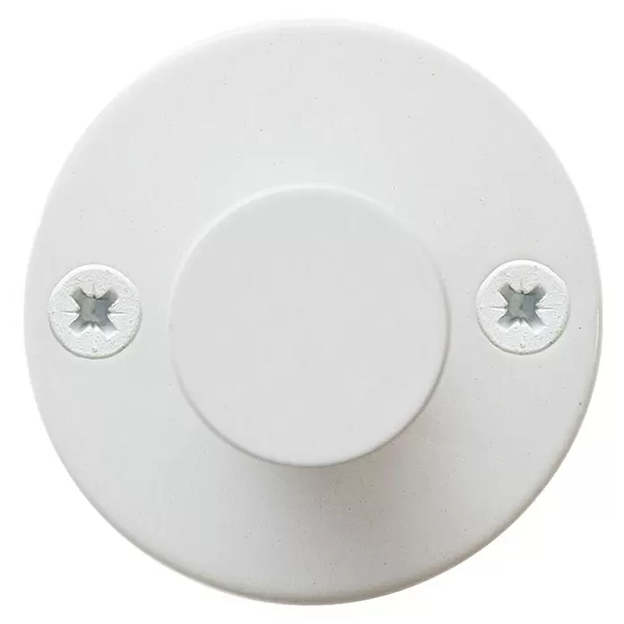 Rei Garderobenhaken C8714 - L x B x H: 40 x 52 x 52 mm, Stahl, Weiß - Weiße runde Abdeckplatte mit erhöhter Mitte und zwei sichtbaren weißen Kreuzschlitzschrauben.