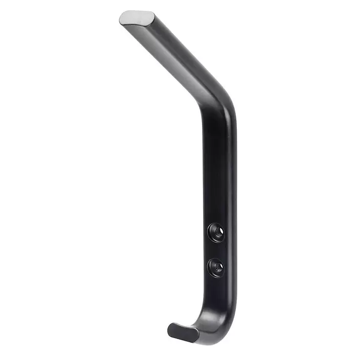 Rei Garderobenhaken C6802 - L x B x H: 74 x 20 x 175 mm, Aluminium, Schwarz - Dunkler Metallhaken/Griff mit silberner Oberseite und sichtbaren Schraubenlöchern.