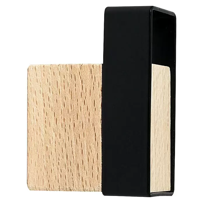 Rei Garderobenhaken C8705 - L x B x H: 50 x 30 x 60 mm, Holz, Schwarz - Schwarzer L-förmiger Haken mit hellem Holzblock, sichtbare Holzmaserung.