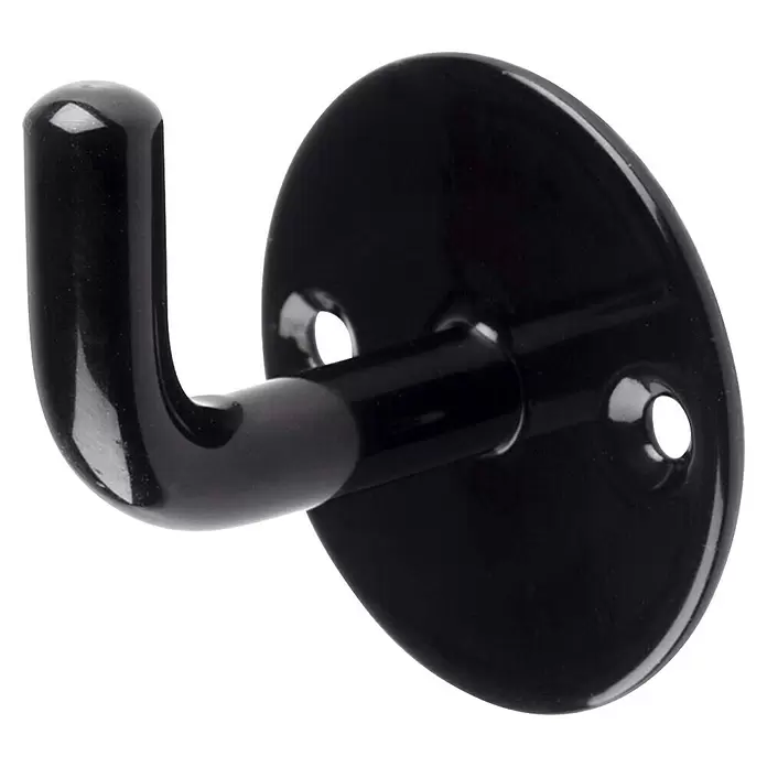 Rei Garderobenhaken C8741 - L x B x H: 44 x 52 x 60 mm, Stahl, Schwarz - Schwarzer glänzender Metallwandhaken mit ovaler Montageplatte und gebogenem Arm mit Puffer.