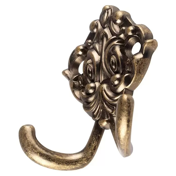 Rei Garderobenhaken C524 - L x B x H: 18 x 57 x 64 mm, Zinkdruckguss, Gold - Verzierte antike Messing-Doppelgarderobenhaken mit dekorativer Rankenwerk-Basis.