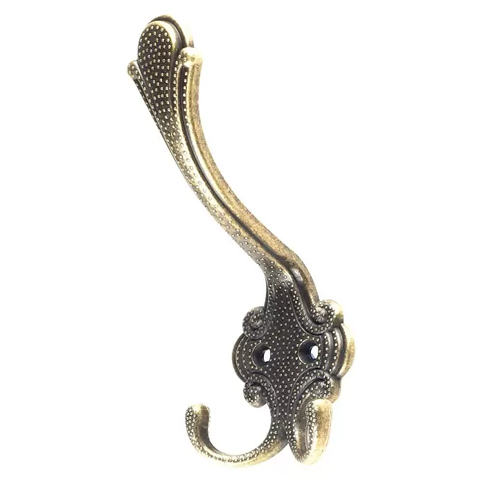 Rei Garderobenhaken C522 - L x B x H: 65 x 57 x 151 mm, Zinkdruckguss, Gold - Verzierte Garderobenhaken aus antikem Messing mit gepunktetem Muster und zwei Schraubenlöchern.