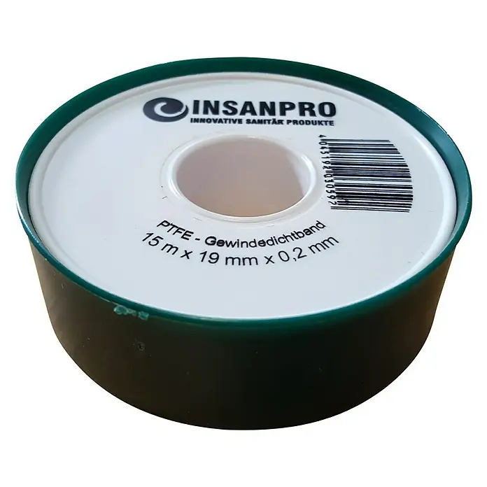 Gewindedichtband - 15 m - Rolle aus PTFE-Gewindedichtband von Insanpro, 15 m x 19 mm x 0,2 mm, in grüner Verpackung.