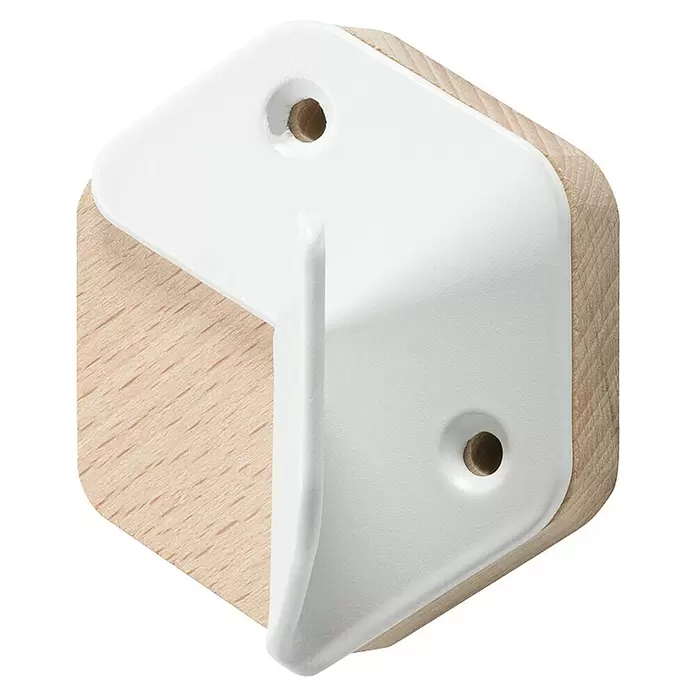 Rei Garderobenhaken C8715 - L x B x H: 40 x 61 x 66 mm, Holz, Weiß - Sechseckiger Wandhaken aus hellem Holz mit weißem L-förmigem Metallhaken und zwei Schraublöchern zur Montage.