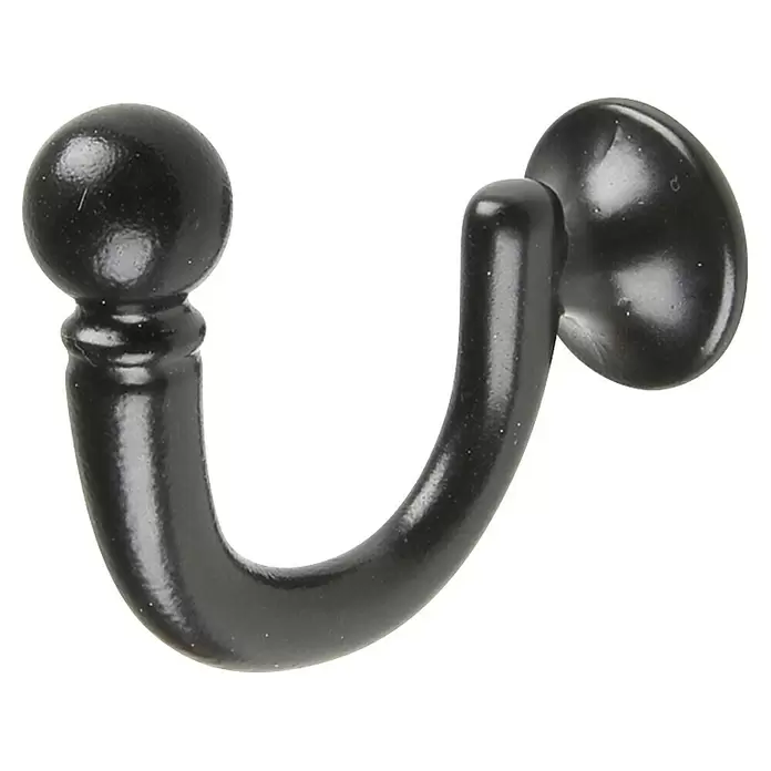 Rei Garderobenhaken C1035 - L x B x H: 42 x 22 x 51 mm, Zinkdruckguss, Schwarz - Schwarzer Vorhang-Raffhalterhaken aus Metall mit Kugelabschluss.