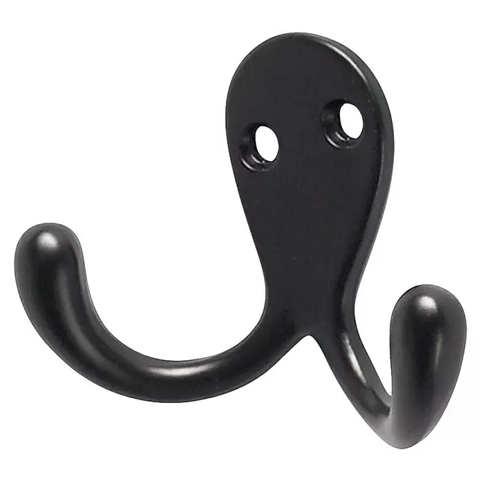 Rei Garderobenhaken C1040 - L x B x H: 26 x 76 x 54 mm, Zinkdruckguss, Schwarz - Mattschwarzer Metall-Doppelhaken mit zwei Befestigungslöchern.
