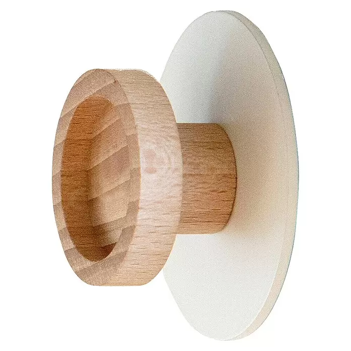 Rei Garderobenhaken C8717 - L x B x H: 26 x 60 x 60 mm, Holz, Weiß - Heller Wandhaken aus Holz mit hohler, runder Front und flacher, cremeweißer runder Rückenplatte.