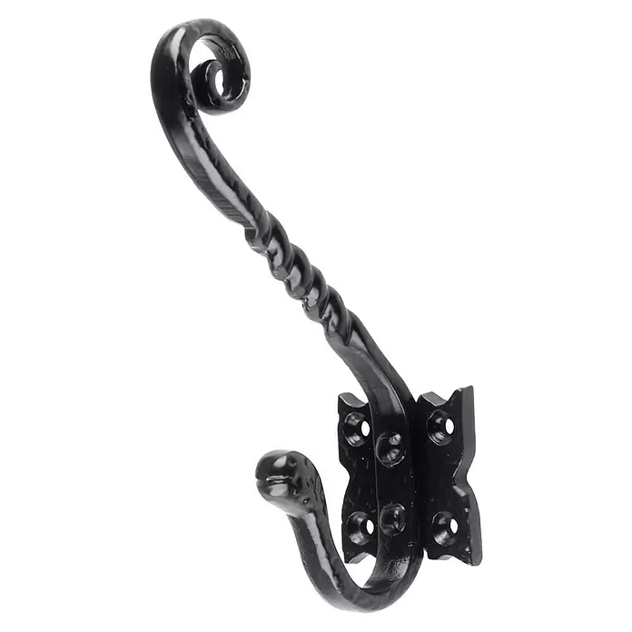 Rei Garderobenhaken C521 - L x B x H: 85 x 40 x 140 mm, Eisen, Schwarz - Schwarzer Metall-Kleiderhaken mit gedrehtem Stiel und dekorativer Schnecke, inklusive Montageplatte.