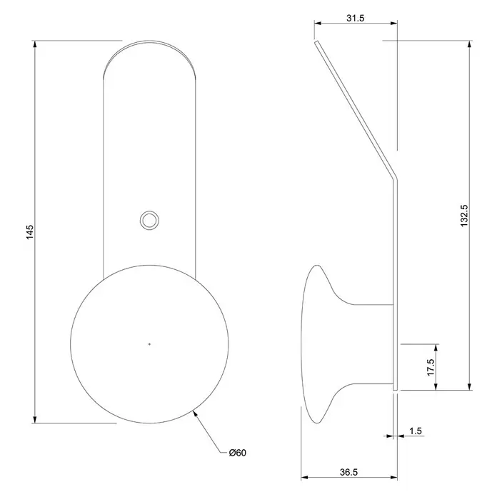 Rei Garderobenhaken C8713 - L x B x H: 37 x 45 x 135 mm, Holz, Weiß - Technische Zeichnung eines Wandhakens mit rechteckiger Platte und rundem Knopf zum Aufhängen.