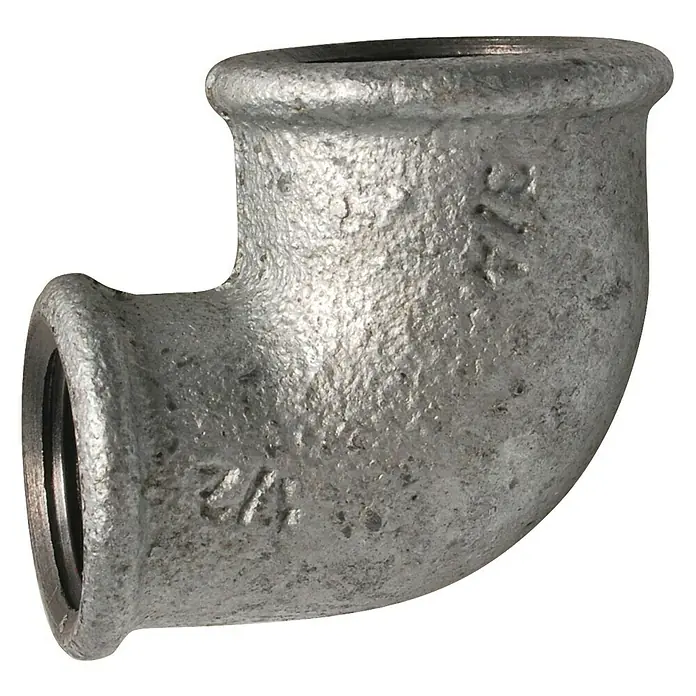 Reduzierwinkel - Innengewinde: ½″/¾″, Winkel: 90 °, Verzinkt - Grauer 90-Grad-Rohrbogen aus verzinktem Stahl mit Innengewinde für Rohrverbindungen im Sanitär- und Heizungsbereich.