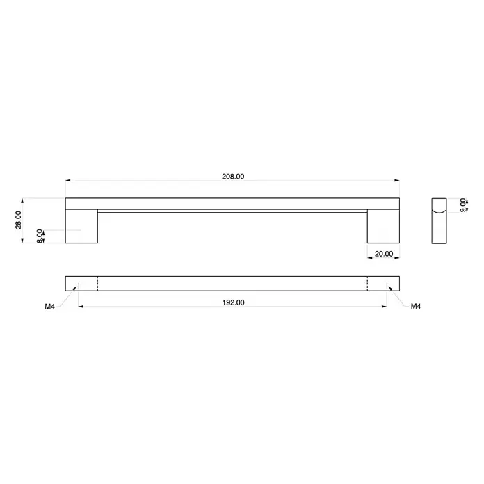 Rei Möbelgriff - Lochabstand: 192 mm, Aluminium, Weiß, L x B x H: 227 x 9 x 27 mm - Rechteckiger Bügelgriff für Möbel, 208mm lang, 192mm Bohrabstand, M4 Schrauben.