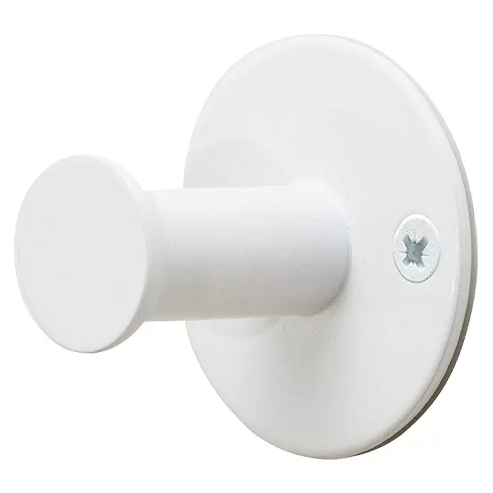 Rei Garderobenhaken C8714 - L x B x H: 40 x 52 x 52 mm, Stahl, Weiß - Weißer wandmontierter Haken mit runder Basis, zylindrischem Vorsprung und sichtbarer weißer Kreuzschlitzschraube.