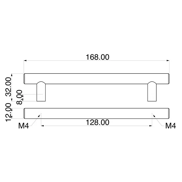 Rei Tirador para muebles - Distancia entre orificios: 128 mm, Acero, Acero inoxidable, Redonda - Dibujo técnico de un tirador de barra rectangular con dimensiones de montaje: 168mm longitud total, 128mm distancia agujeros, tornillos M4.