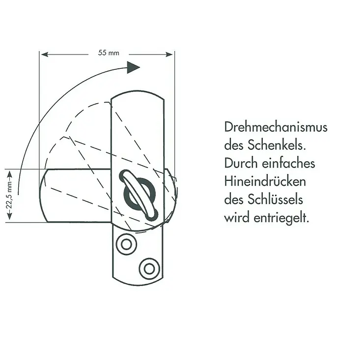 Bever Fenstersicherung Stuco Safe S20 - Einflügelig, Braun - Abbildung eines Drehmechanismus für einen Schlüssel, der durch einfaches Hineindrücken entriegelt wird, mit Maßangaben.
