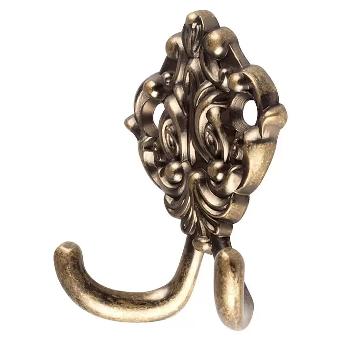 Rei Garderobenhaken C524 - L x B x H: 18 x 57 x 64 mm, Zinkdruckguss, Gold - Verzierte antike Messing-Doppelgarderobenhaken mit dekorativer Rückenplatte.