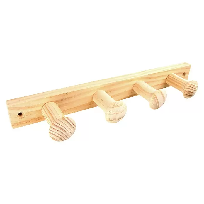Rei Garderobenleiste C1689 - L x B x H: 59 x 380 x 30 mm, Holz, Beige, Anzahl Haken: 4 Stk. - Natürliche, helle Holzkleiderleiste mit vier Haken.