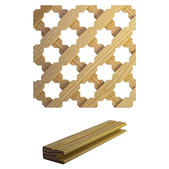 Celosía de madera D12 Estrella 1 con perfil de acabado - An x Al: 85 x 218 cm, Beige - Celosía de madera con diseño de estrella y listón ranurado, ideal para construcción decorativa.
