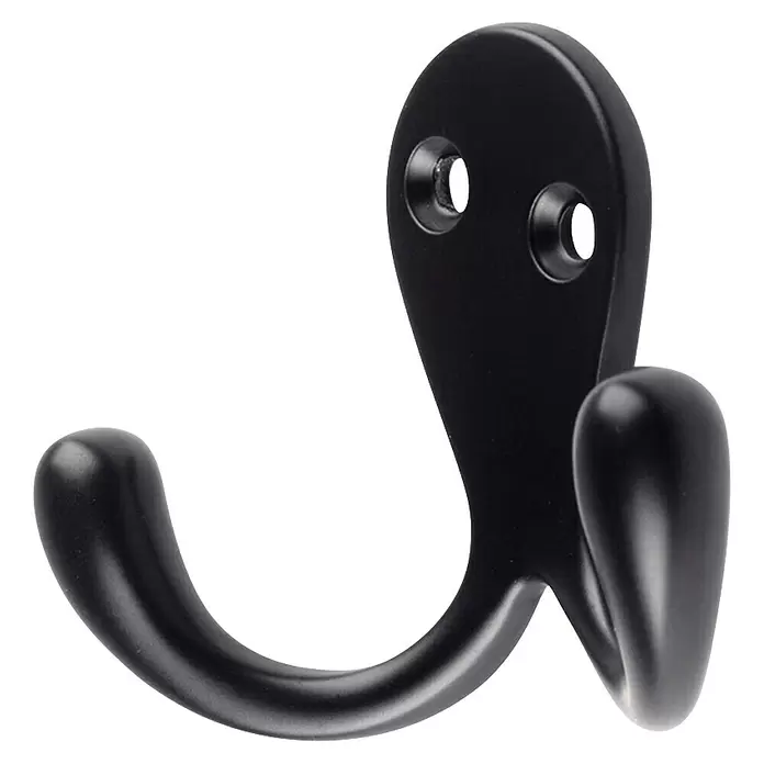 Rei Garderobenhaken C1040 - L x B x H: 26 x 76 x 54 mm, Zinkdruckguss, Schwarz - Mattschwarzer Metall-Doppelhaken mit zwei Befestigungslöchern.