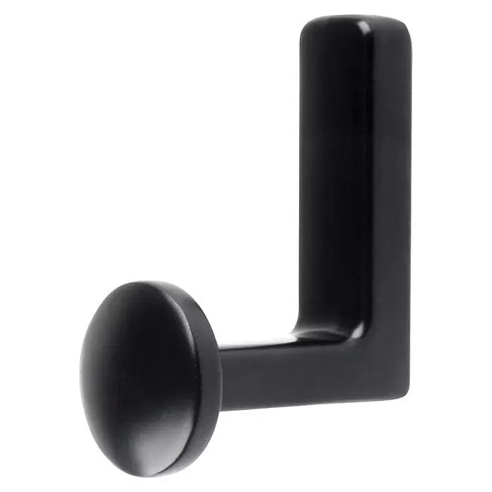 Rei Garderobenhaken C8725 - L x B x H: 47 x 27 x 65 mm, Zinkdruckguss, Schwarz, 1 Stk. - Schwarzer L-förmiger Wandhaken mit rundem, kreisförmigem Ende.