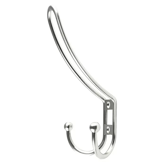 Rei Garderobenhaken C6804 - L x B x H: 54 x 69 x 116 mm, Zinkdruckguss, Silber - Ein silberfarbener, wandmontierter Metall-Kleiderhaken mit langem Oberhaken und zwei kleineren Unterhaken.