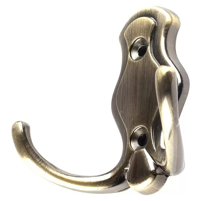 Rei Garderobenhaken C527 - L x B x H: 30 x 67 x 64 mm, Zinkdruckguss, Gold - Metall-Doppelhaken in Antik-Messing-Optik zur Wandmontage.