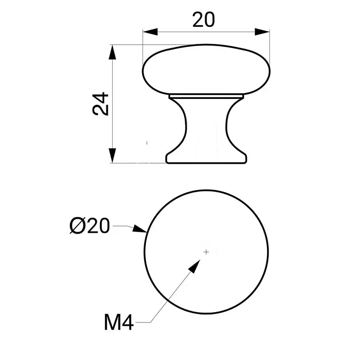 Rei Möbelknopf - Durchmesser: 20 mm, Weiß - Technische Zeichnung eines Griffs mit 20mm Kopfdurchmesser, 24mm Höhe und M4 Gewinde.
