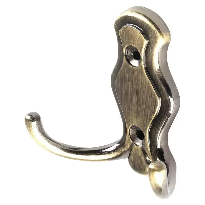 Rei Garderobenhaken C527 - L x B x H: 30 x 67 x 64 mm, Zinkdruckguss, Gold - Doppelter Kleiderhaken aus antikem Messing mit gebürsteter Oberfläche.